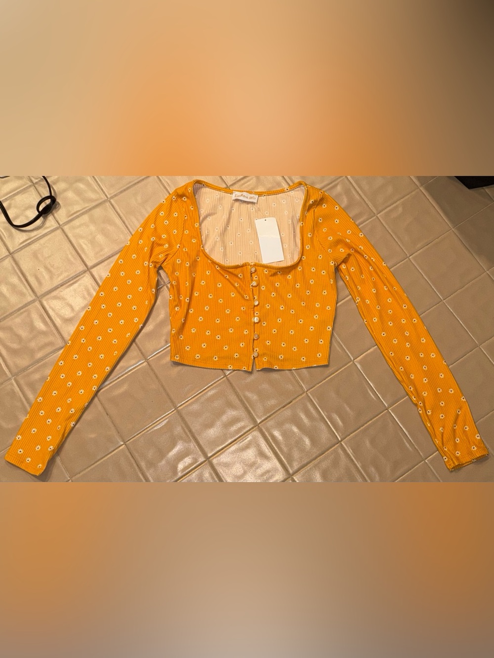 Endless Blu Daisy Floral Ribbed Crop Top Medium M Yellow Long Sleeve Cottagecore